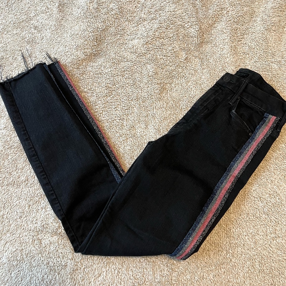 MOTHER: Black Denim with Colored Side Stripes
